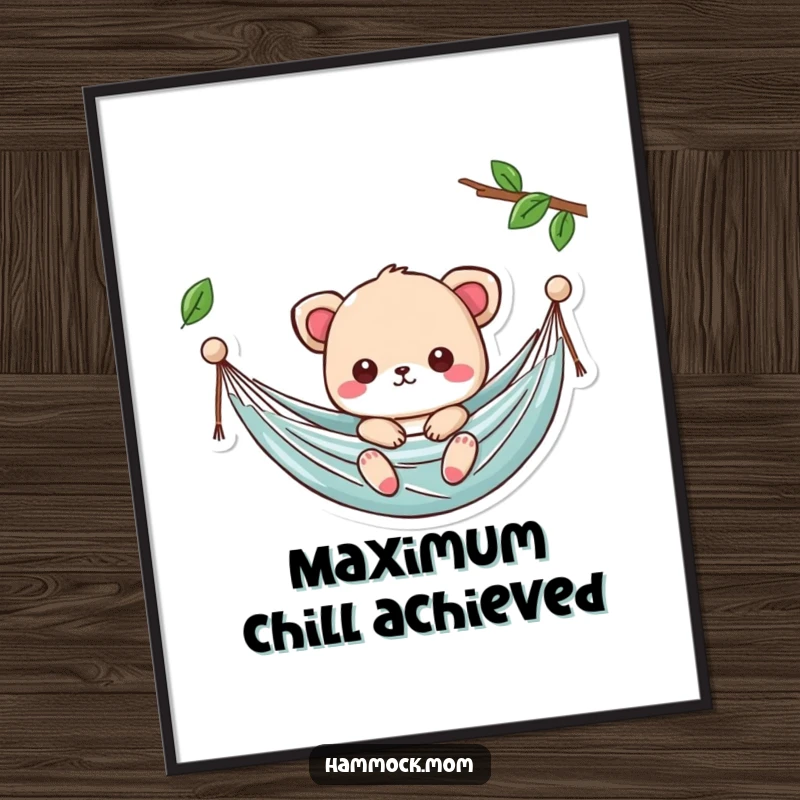 Funny Kawaii Hammock Poster showing a cute character gently swaying, humorous wall art gift.
