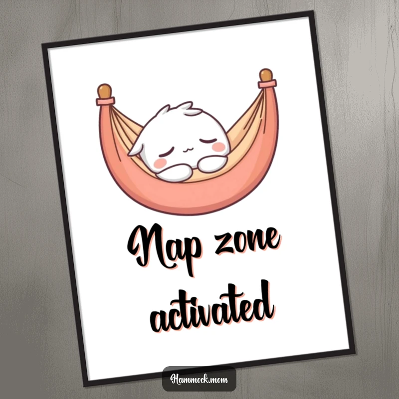 Funny poster art of a kawaii hammock character in a deep, contented sleep, offering a peaceful and charming wall decor.