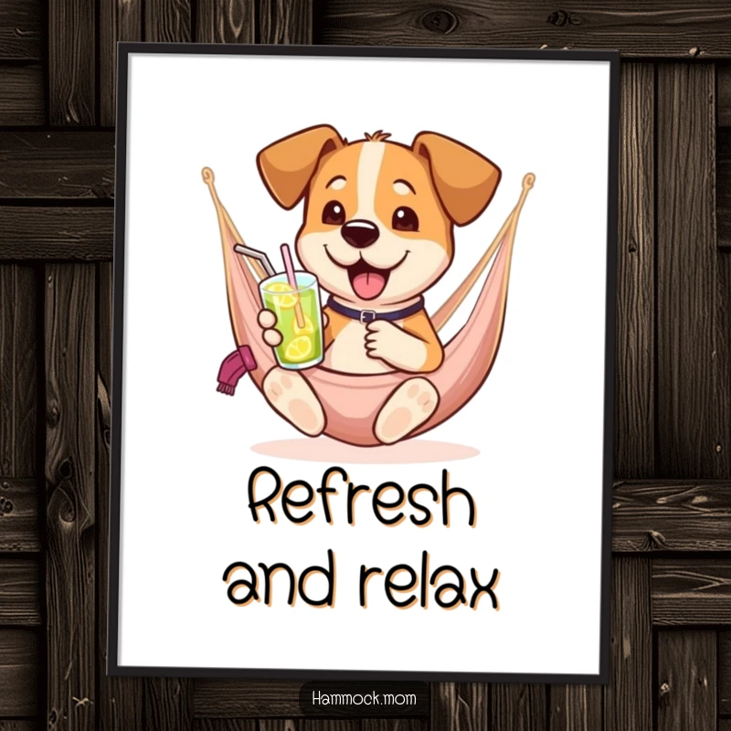 Funny dog poster showcasing a dog relaxing in a hammock with a beverage, bringing humorous cheer to any space.