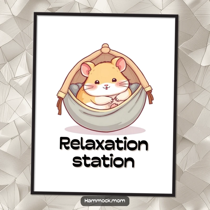 Funny poster of a delightful hamster curled up cozily inside a miniature hammock, conveying pure comfort.
