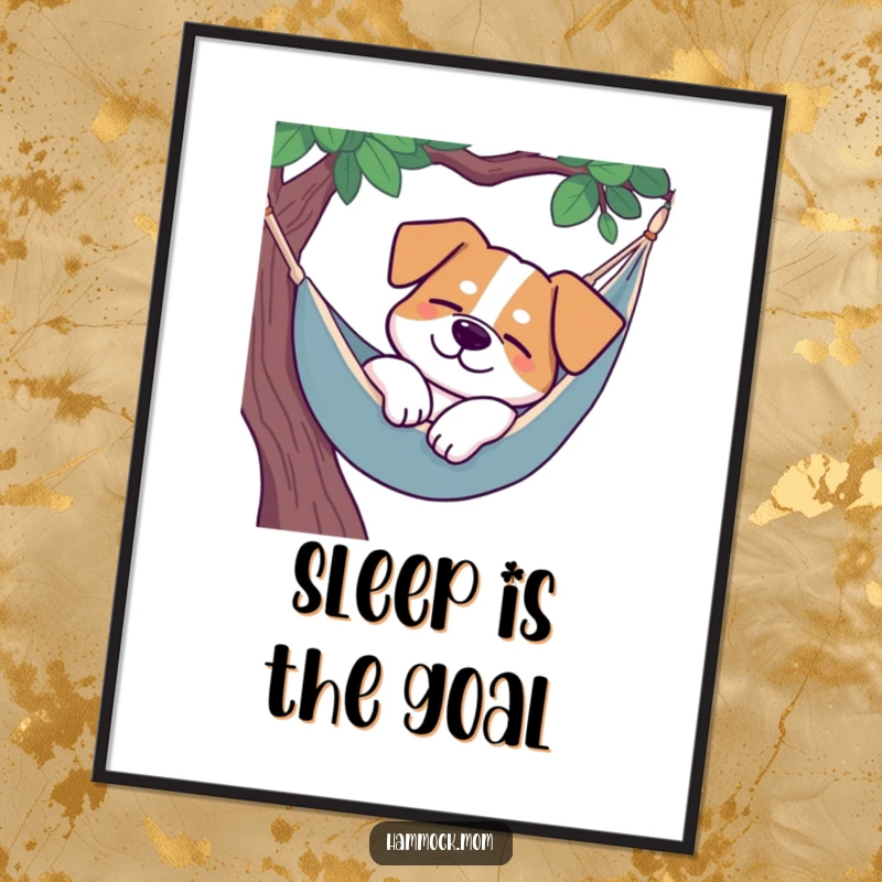 Funny dog hammock poster, a dog sleeping peacefully with a smile in a hammock, serene art.