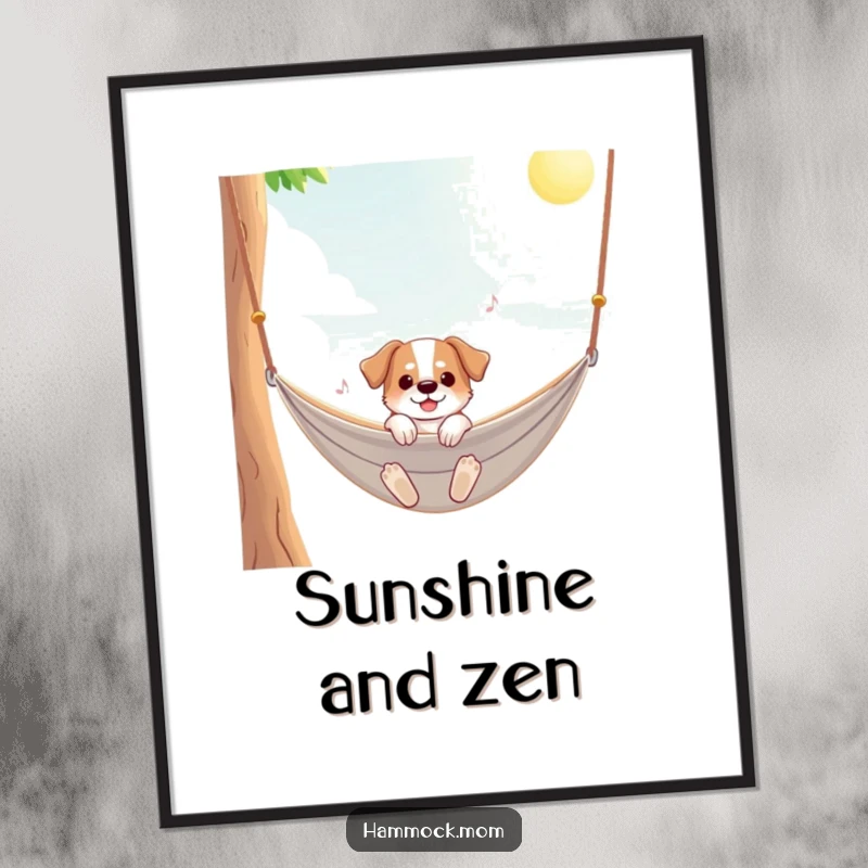 Funny dog poster depicting a dog enjoying a gentle sway in a hammock under a vibrant, sunny sky, bringing cheerful vibes.