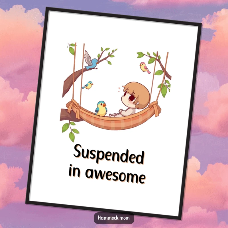 Funny Poster showcasing a character lounging in a hammock, looking up at birds flying overhead, a humorous depiction of peaceful observation.