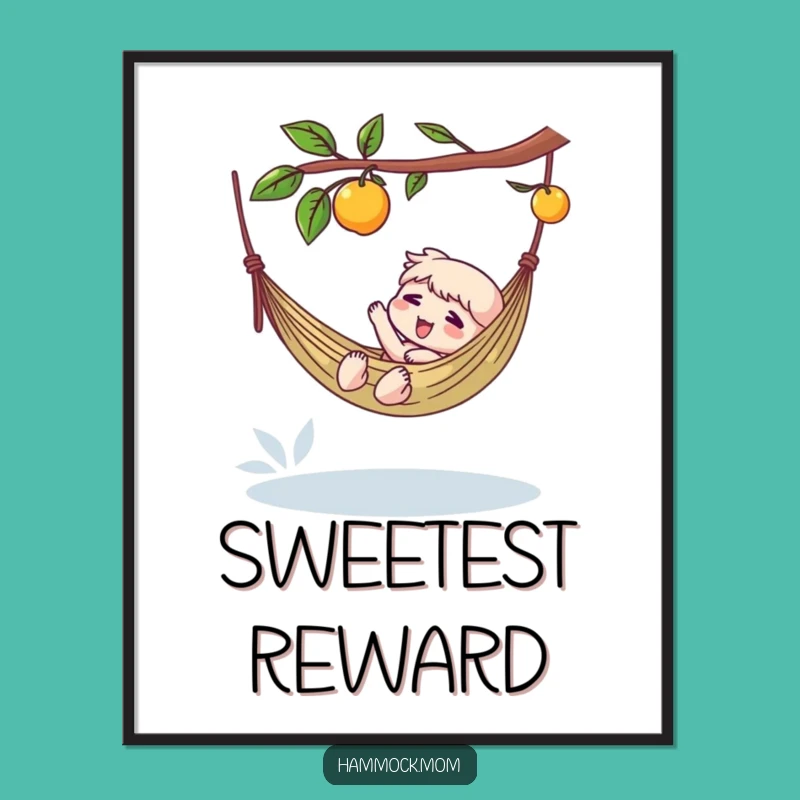Funny Hammock Fruit Poster: Character's Relaxed Reach for Deliciousness - Humorous Art Gift