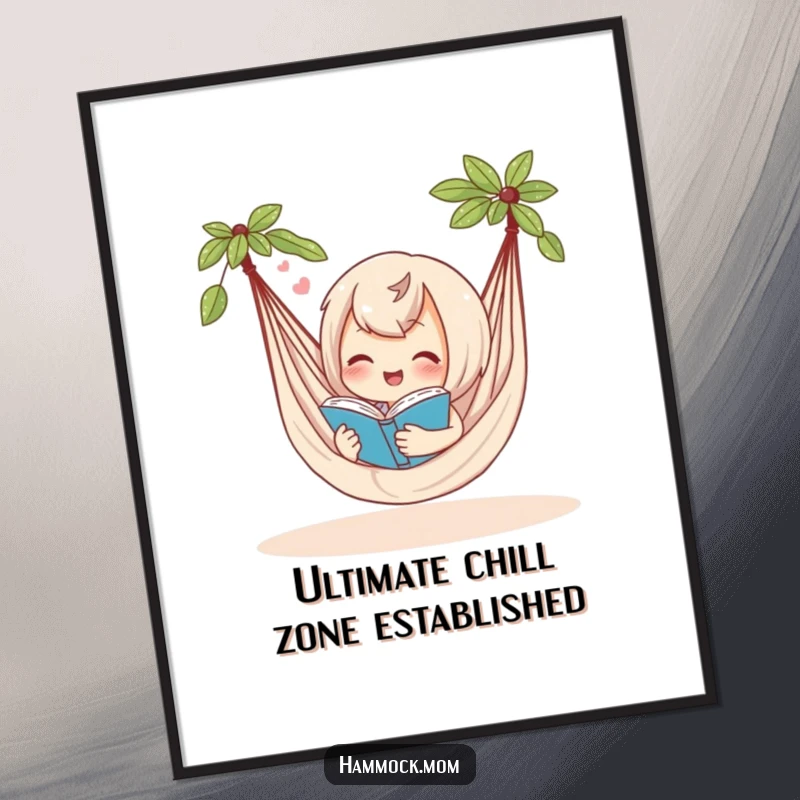 Funny poster of a delighted hammock character reading a book and sighing contentedly, evoking a peaceful and humorous atmosphere.