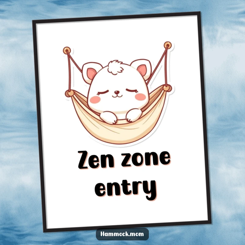 Funny Kawaii Hammock Animal Poster: Artwork of a sleepy animal gently swaying in a tiny hammock, eyes closed, promoting calm.