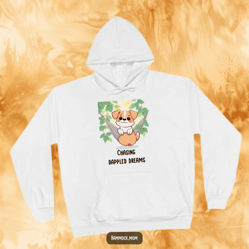 Funny dog watching dappled sunlight filter through leaves by its hammock, on a soft hoodie, embodying nature and humor, a fantastic funny gift.
