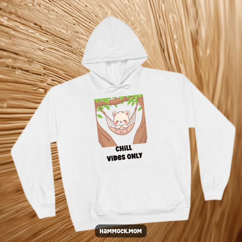 Funny relaxed animal character mom gently swinging in a hammock, soft and humorous hoodie.