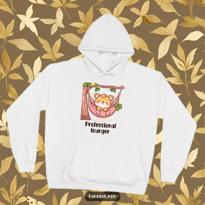 Funny hoodie showing a happy animal character relaxing in a hammock, perfect for anyone who loves naps and cozy moments.