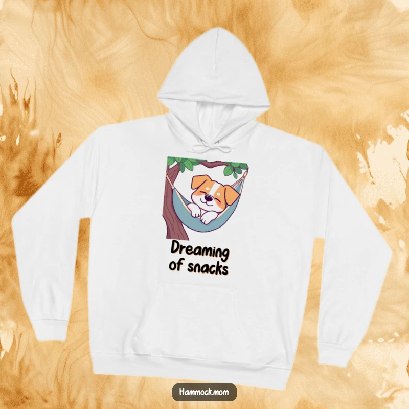 Funny dog hammock hoodie, a dog sleeping peacefully in a hammock, gentle smile.