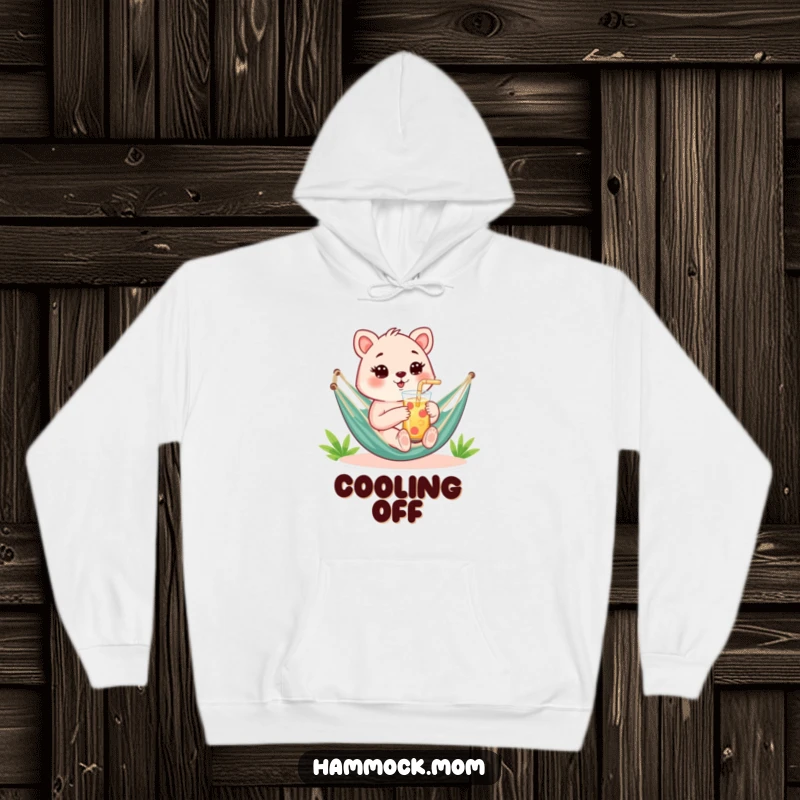 Funny Hoodie with a mom animal holding a refreshing drink with a straw in a hammock, promising cool comfort.