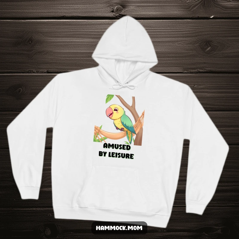 Funny hoodie depicting a giggling parrot perched amusingly on the edge of a hammock, embracing humor.