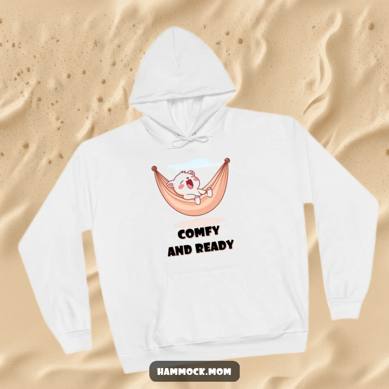 Funny yawning animal character hoodie, cozy in a hammock, gentle breeze effect, ideal humorous gift for relaxation enthusiasts.