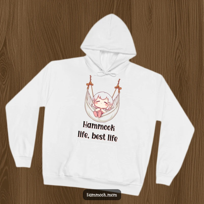 Funny hoodie featuring a character in a hammock, eyes closed in bliss, symbolizing supreme comfort and humorous tranquility.