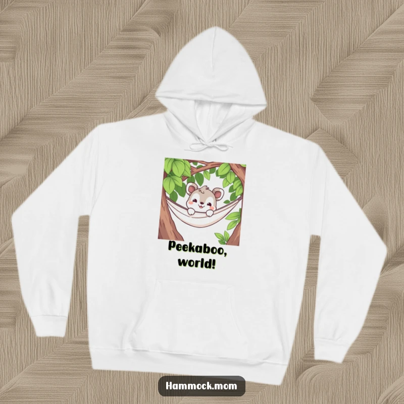 Funny hoodie with a curious animal character peeking over a hammock's edge with a grin, evoking a sense of playful intrigue and comfort.