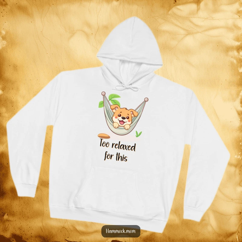 Funny dog peeking out of a comfy hammock, looking relaxed and amused, printed on a soft hoodie, a great funny gift.