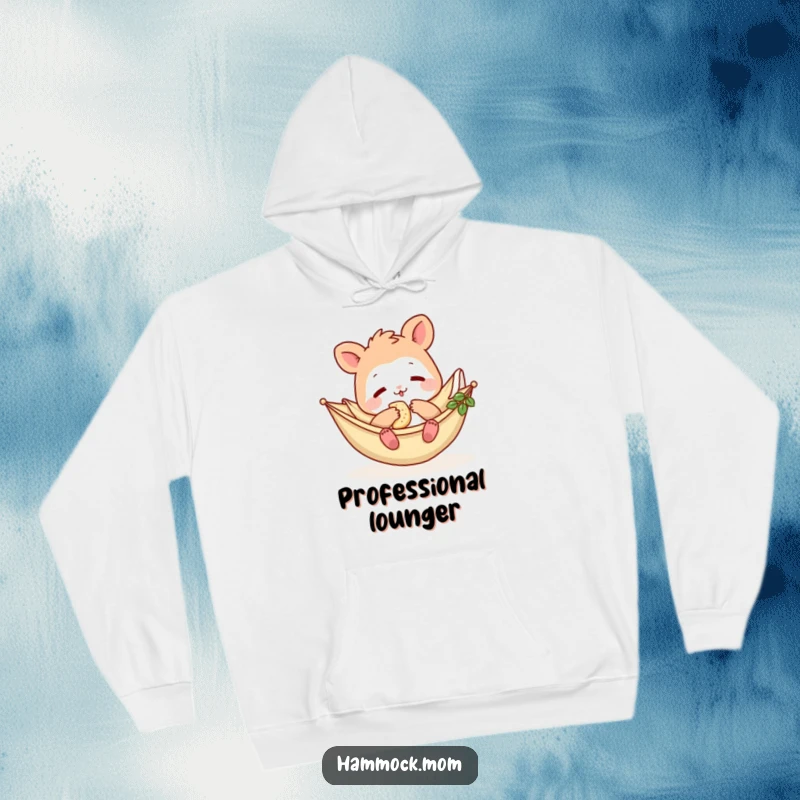 Funny Hammock Mom Animal Hoodie: A whimsical cartoon mom animal in a hammock with snacks, radiating warmth and humor, a perfect funny gift.