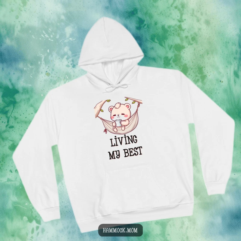 Funny Kawaii hammock animal sipping from a tiny cup in a hammock, a cozy and humorous hoodie design.