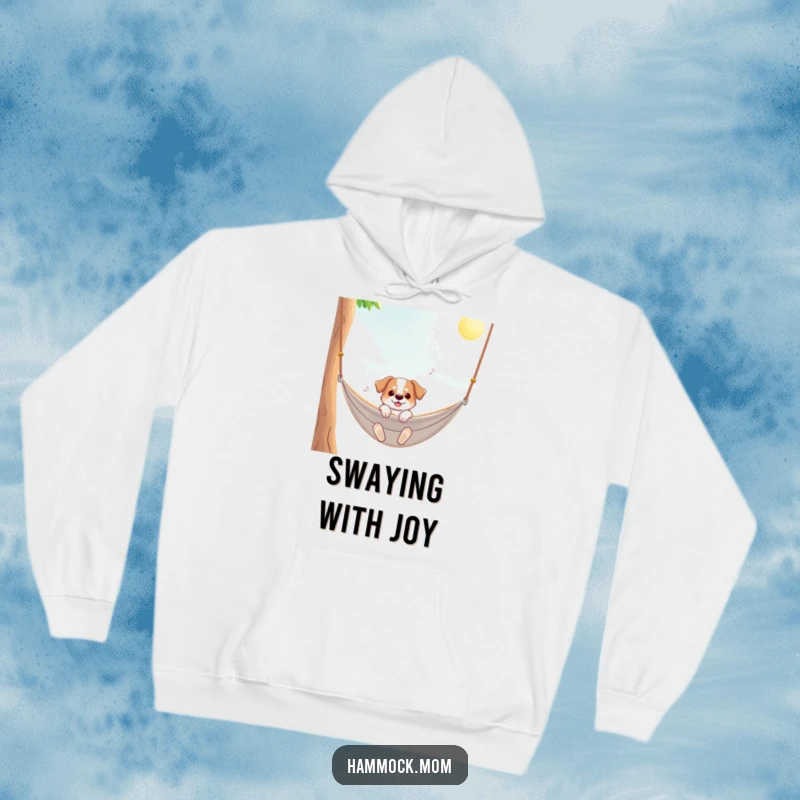 Funny dog hoodie featuring a dog enjoying a gentle sway in a hammock under a warm, sunny sky, ideal for cozy fun.