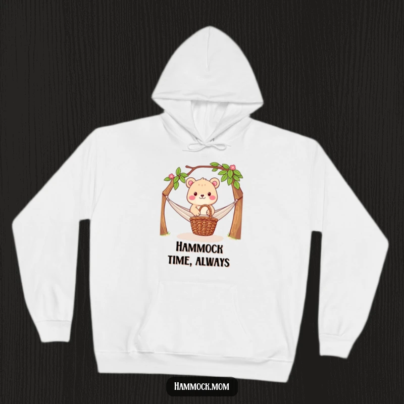 Funny Hoodie: Cozy animal character enjoying a hammock with a picnic basket nearby, symbolizing perfect relaxation and outdoor comfort.
