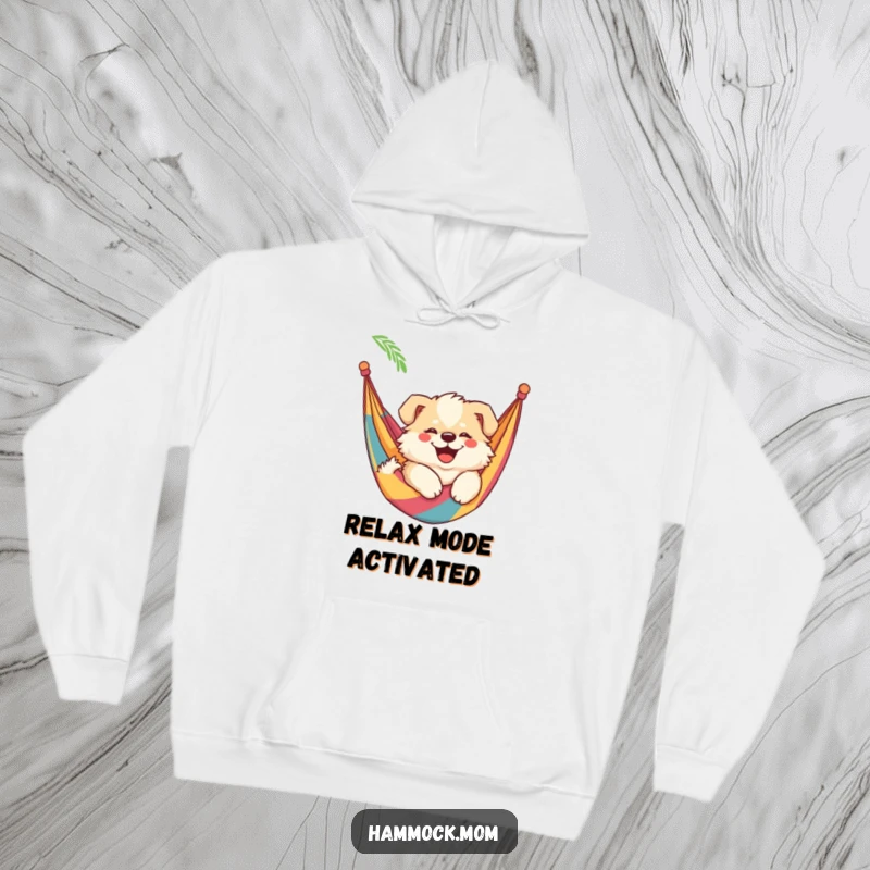 Funny mama dog hoodie depicting a fluffy mama dog with a wide smile, relaxing comfortably in a colorful hammock, radiating peace.