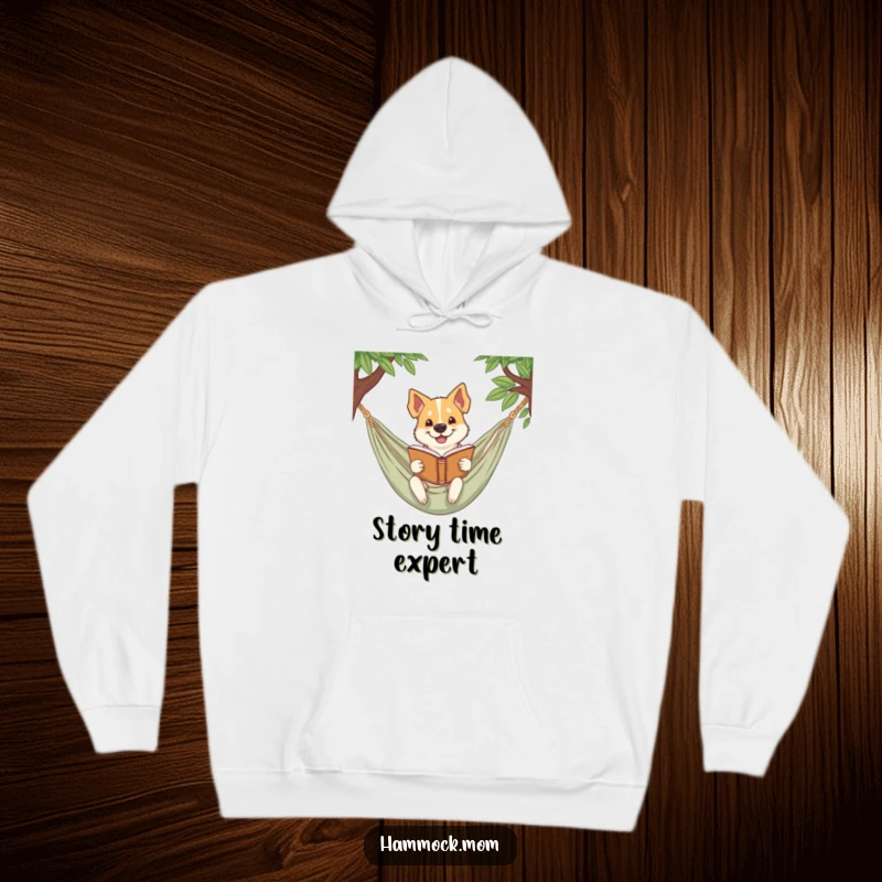 Funny dog hoodie featuring a dog smirking while reading a book in a hammock, ideal for cozy, intellectual downtime.