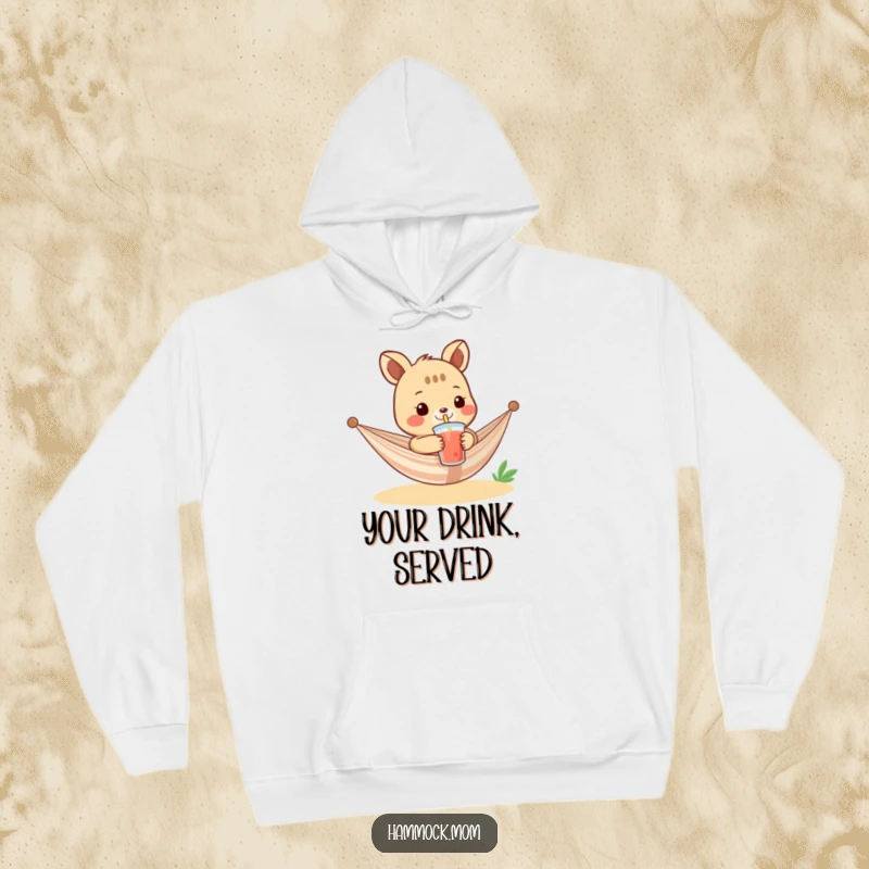 Funny hoodie depicting a cozy hammock animal character holding out a refreshing drink with a straw, perfect for a humorous and warm feel.