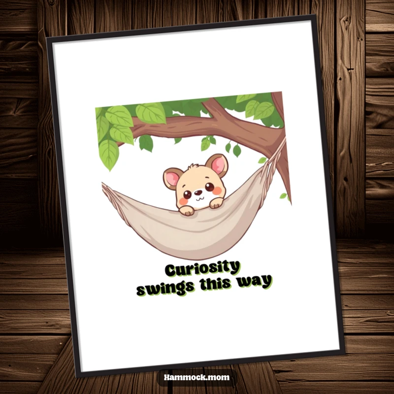 Funny Free Printable Wall Art: A curious animal character peeking over the edge of a hammock with intrigue and interest.