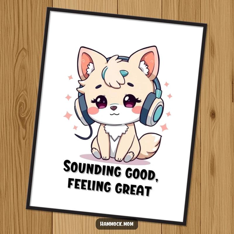 Funny Free Printable Wall Art: Spirited animal character immersed in music with headphones, radiating cool energy.