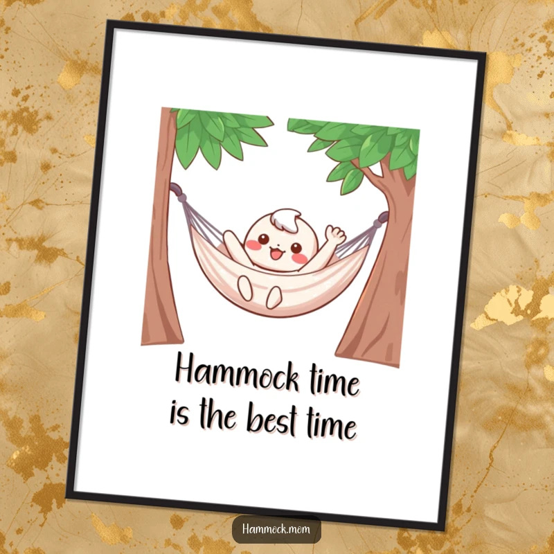 Funny Free Printable Wall Art: Adorable Kawaii character blissfully waving from a hammock, perfect for adding a touch of happy relaxation.