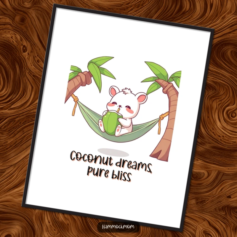 Funny Free Printable Wall Art: Hammock animal character joyfully drinking from a coconut, downloadable art for relaxation.
