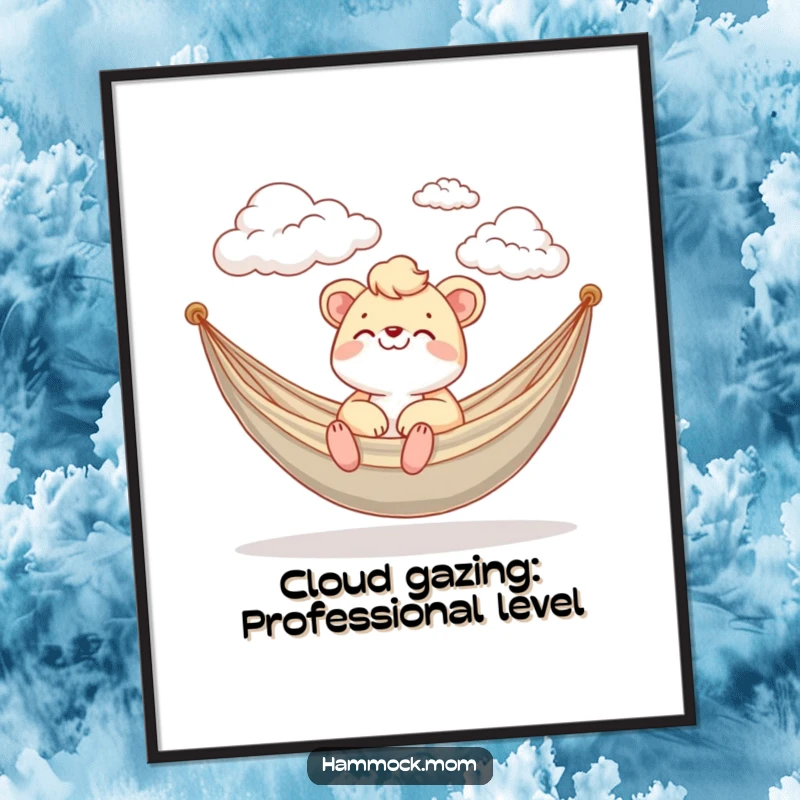 Funny free printable wall art shows a mom animal happily watching fluffy clouds drift by while relaxing in a hammock.