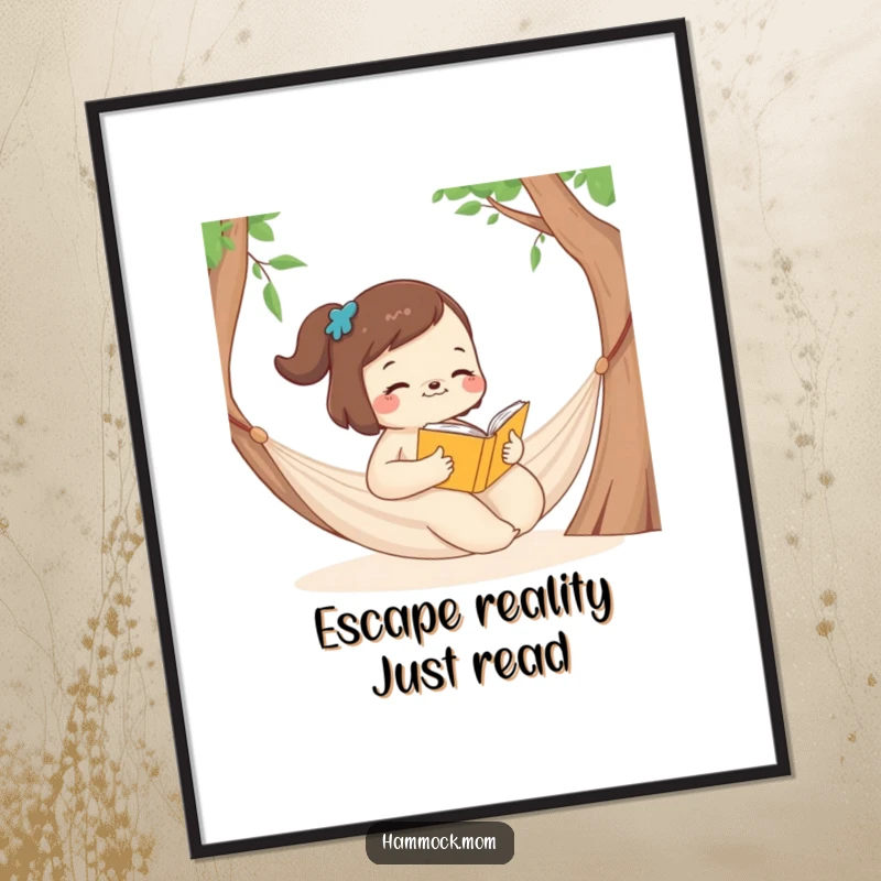 Funny free printable wall art shows a mom animal enjoying a book while relaxing in a peaceful hammock setting.