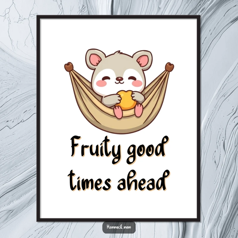 Funny Free Printable Wall Art: Kawaii animal lounging in a hammock, offering a small piece of fruit, charming and hospitable.