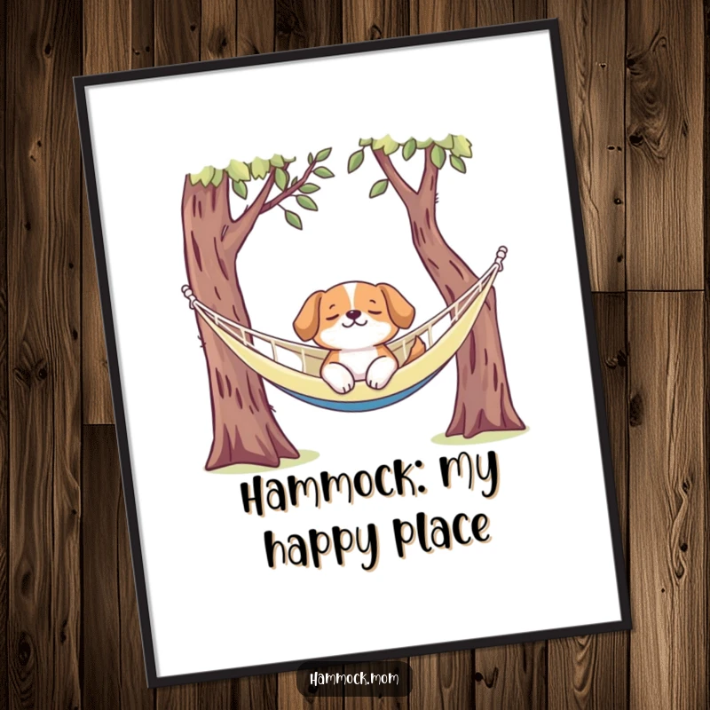 Funny Free Printable Wall Art of a relaxed dog napping contentedly in a hammock between trees. Zen and humor combined.