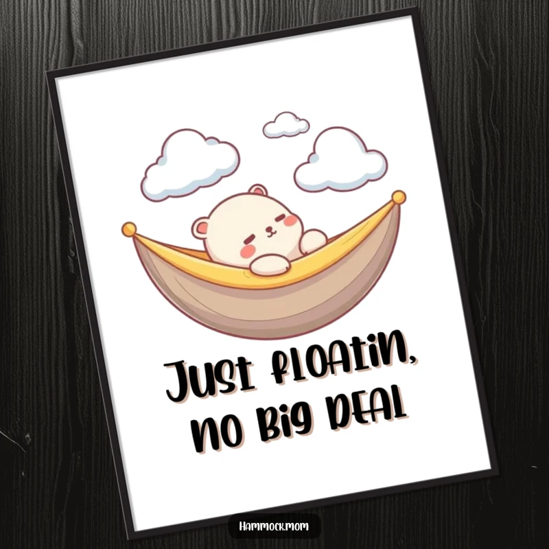 Funny Free Printable Wall Art: Kawaii animal in a hammock, looking up peacefully at floating clouds, serene and humorous.