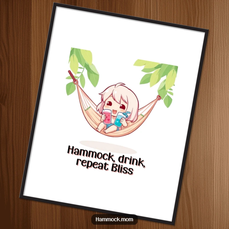 Funny free printable wall art of a character happily holding a cool drink while in a hammock, great downloadable art.
