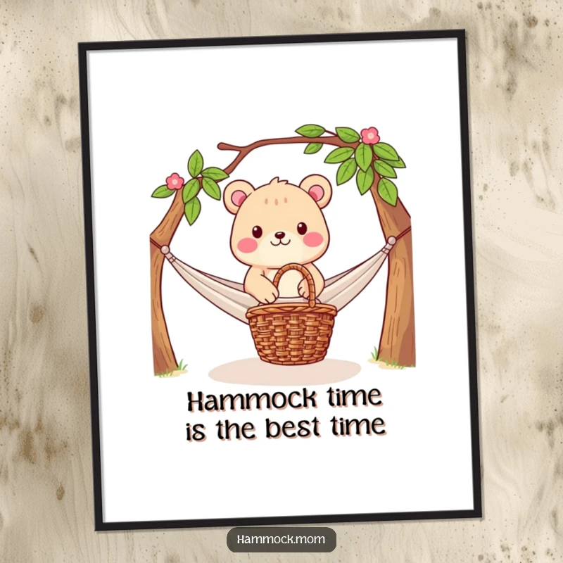 Funny Free Printable Wall Art: Serene animal character resting near a hammock and picnic basket, embodying tranquility.