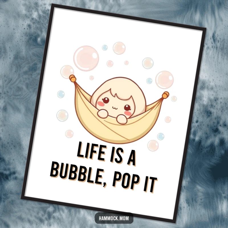 Funny Free Printable Wall Art: Kawaii hammock character blissfully drifting among a cascade of gentle, ethereal bubbles, bringing calm.
