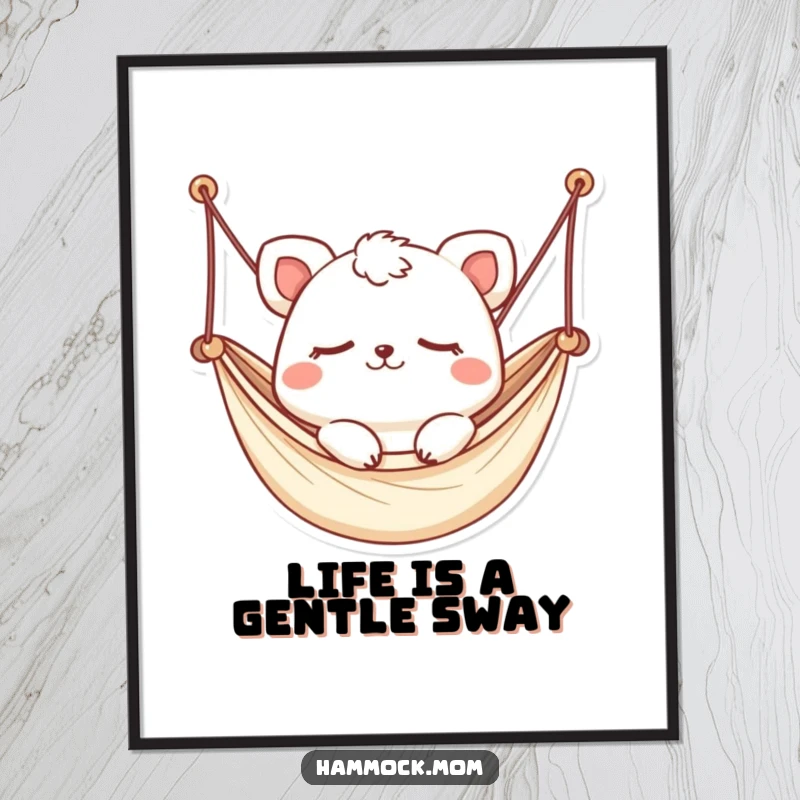 Funny Free Printable Wall Art: Eyes-closed Kawaii animal gently swaying in a hammock, serene and peaceful decor.