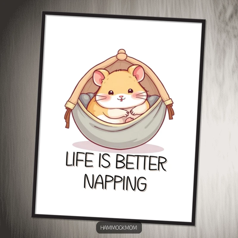 Funny Free Printable Wall Art: A delightful hamster peacefully sleeps, curled up in a tiny, cozy, and inviting hammock.