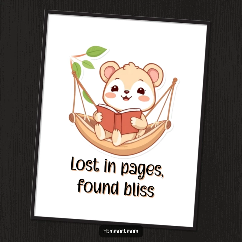 Funny Free Printable Wall Art of a happy animal engrossed in a book while swaying in a hammock, great decor.