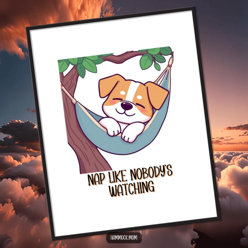 Funny Free Printable Wall Art: Dog napping peacefully in a hammock, a small smile, serene downloadable art for peace.