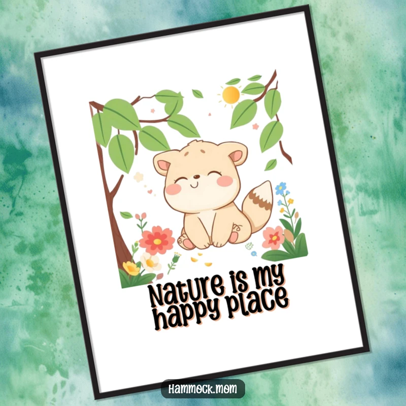 Funny Free Printable Wall Art: A delighted animal character blissfully dreaming amidst a smiling, colorful nature scene