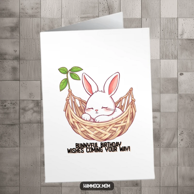 Sweet Free Printable Birthday Card: Content bunny snoozing soundly in a woven hammock, peaceful birthday wishes.