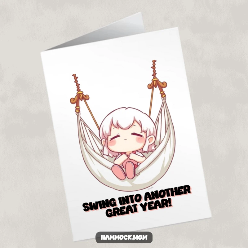 Funny free printable birthday card depicting a character blissfully swinging in a hammock, a relaxing downloadable gift.