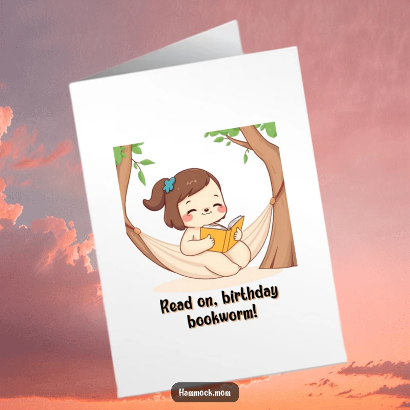 Funny free printable birthday card shows a mom animal engrossed in a book while relaxing in a hammock.