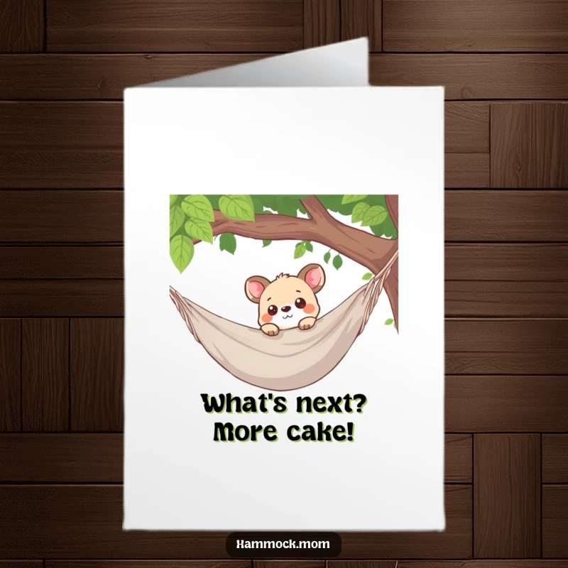 Funny Free Printable Birthday Card: Curious animal peeking over the edge of a hammock with wide-eyed interest, searching for fun.
