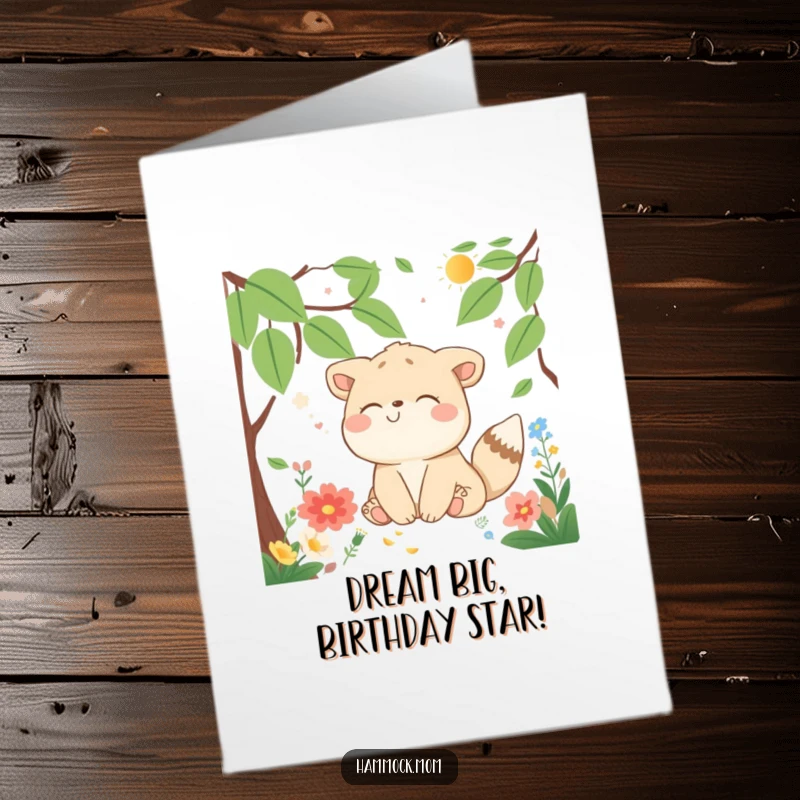 Funny Free Printable Birthday Card: Delighted animal dreaming peacefully in a vibrant, smiling nature scene