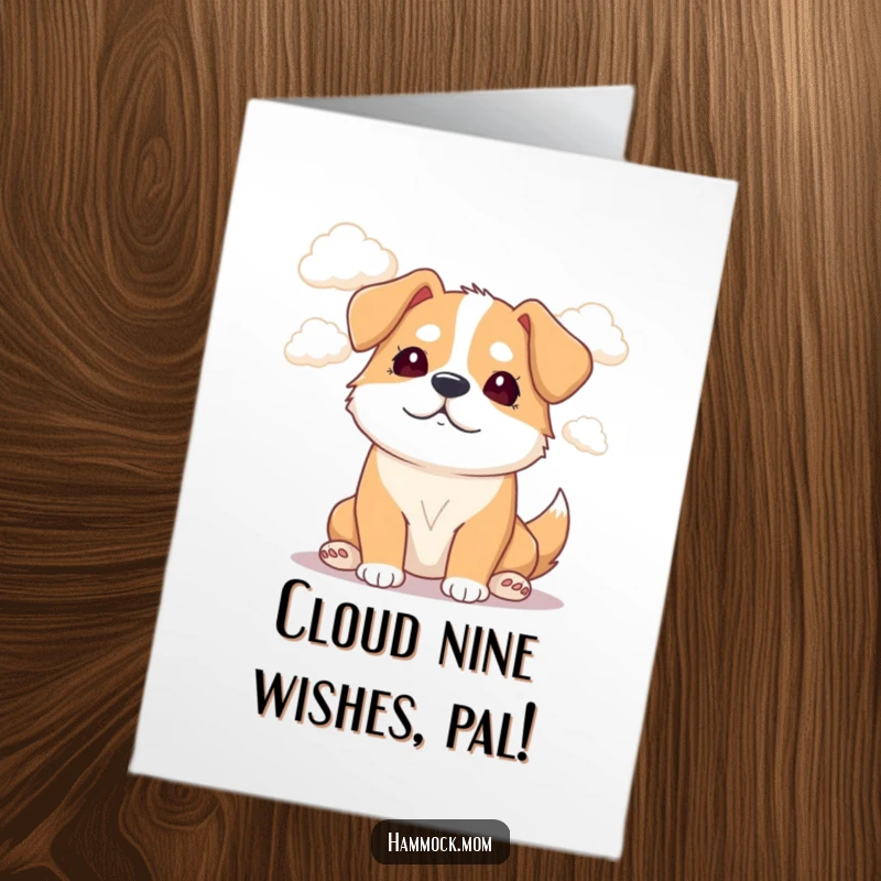 Funny Free Printable Birthday Card featuring a mama dog daydreaming about fluffy clouds, perfect for a whimsical greeting.